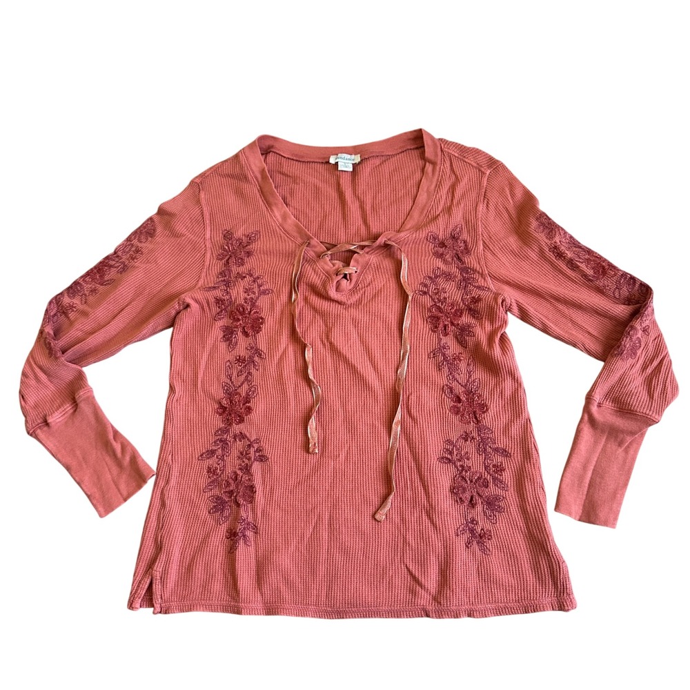 Sundance‎ Floral Embroidered Thermal Womens S Orange Waffle Knit Long Sleeve